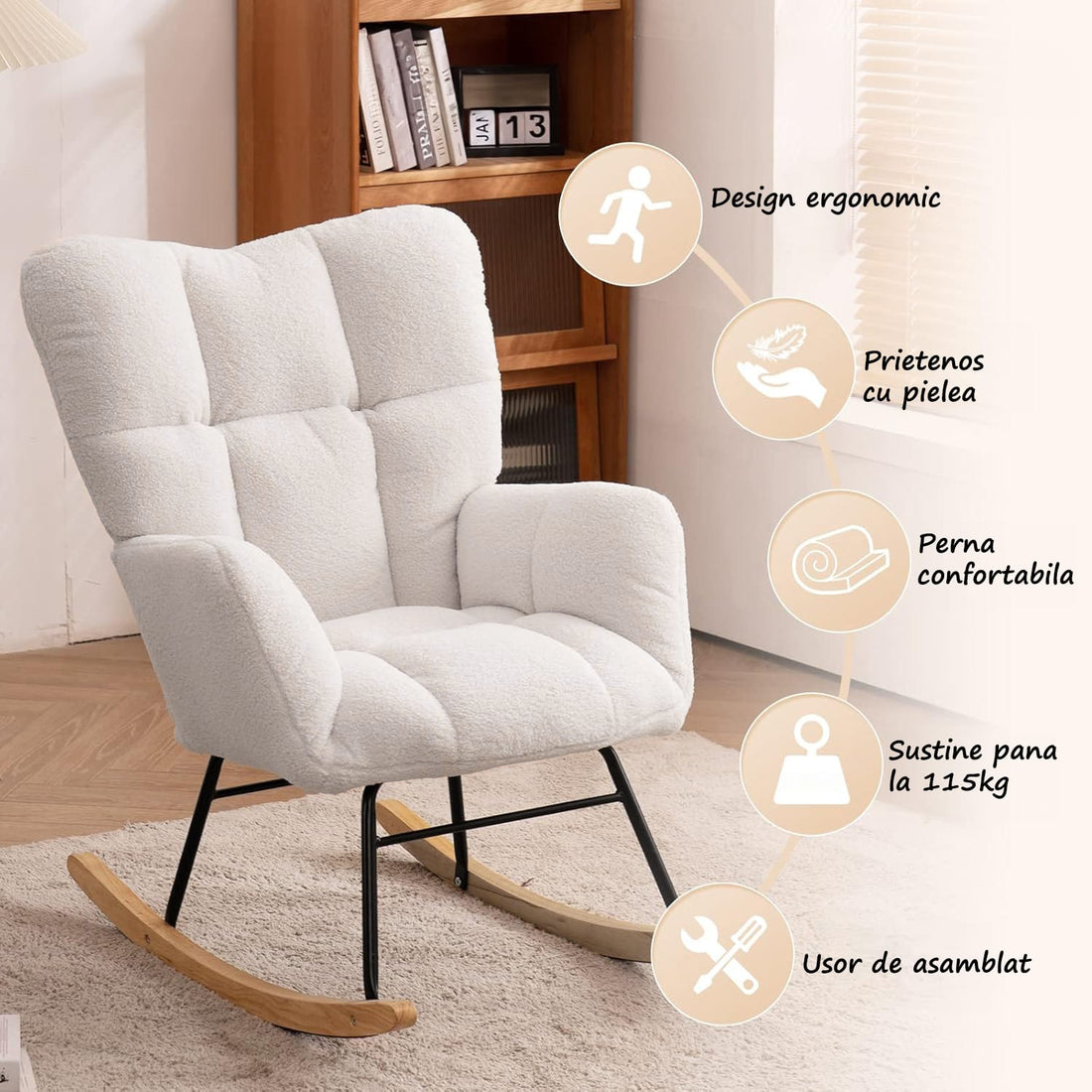 Fotoliu Balansoar Elindor® cu Pernă Moale și Spătar Înalt, Pufos, Suportă 115kg