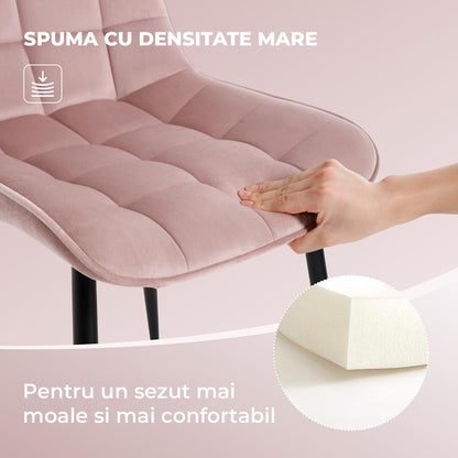 Set 2 Scaune Elindor® Ergonomice, Design Contemporan, Scaun cu Spatar si fara Manere, din Catifea cu Picioare Metalice Negre, Potrivite pentru Living, Bucatarie, Birou, Dormitor, Latime Sezut 46 cm, 85.5 x 45 x 42 cm, Roz