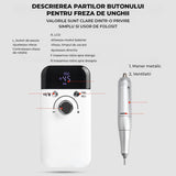 Freza Unghii Electrica Elindor® cu Suport Pila Electrica Reincarcabila, Set Complet de Ingrijire pentru Manichiura si Pedichiura Profesionala, Cuticule sau Calcaie, 45000 RPM, Viteza Reglaj Continuu, 6 Capete Detasabile, 6 Benzi Abrazive, Ecran LCD, Alb