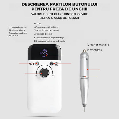 Freza Unghii Electrica Elindor® cu Suport Pila Electrica Reincarcabila, Set Complet de Ingrijire pentru Manichiura si Pedichiura Profesionala, Cuticule sau Calcaie, 45000 RPM, Viteza Reglaj Continuu, 6 Capete Detasabile, 6 Benzi Abrazive, Ecran LCD, Alb