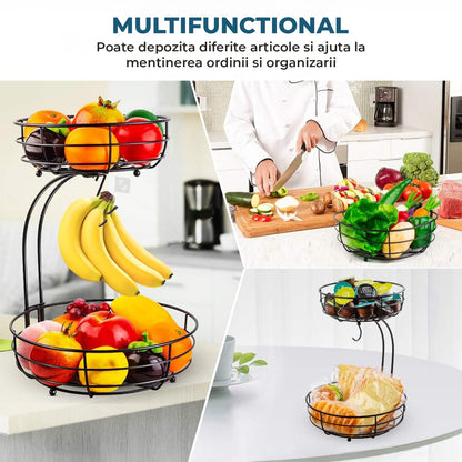 Cos de Fructe si Legume Elindor® Metalic, pe 2 Nivele, cu Carlig pentru Banane, Potrivit pentru Blat sau Masa Bucatarie, Living, Organizator cu Suport Detasabil, Depozitare Universala, 38 x 28 x 22 cm, Negru