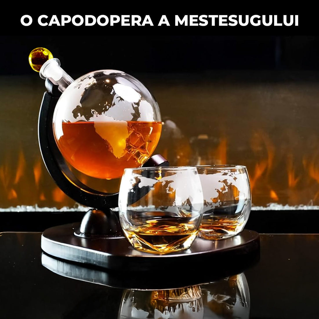 Set Decantor Whisky Glob Elindor®, 2 Pahare, Suport Lemn, 850ml