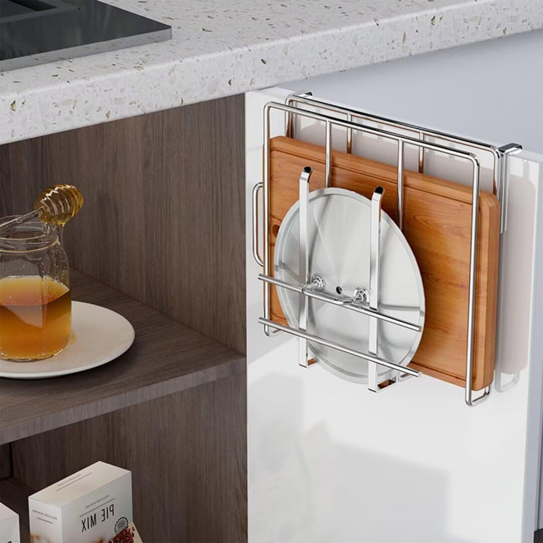 Suport de Perete Elindor® pentru Ustensile de Bucatarie, cu 10 Carlige, Sistem de Prindere prin Agatare, fara Gauri, Depozitare Diversa si Multipla, Suport Metalic, Accesorii Organizare, Economisire Spatiu, Organizator de 26 x 25  x 13 cm, Argintiu