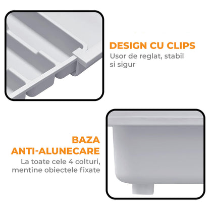 Organizator Extensibil Elindor® pentru Tacamuri si Ustensile de Bucatarie, 9 Compartimente, Sertar Extensibil 36.8-48.3 cm si 33.5 – 55.9 cm, Suport Ajustabil pentru Cutite, Linguri, Furculite, Gri
