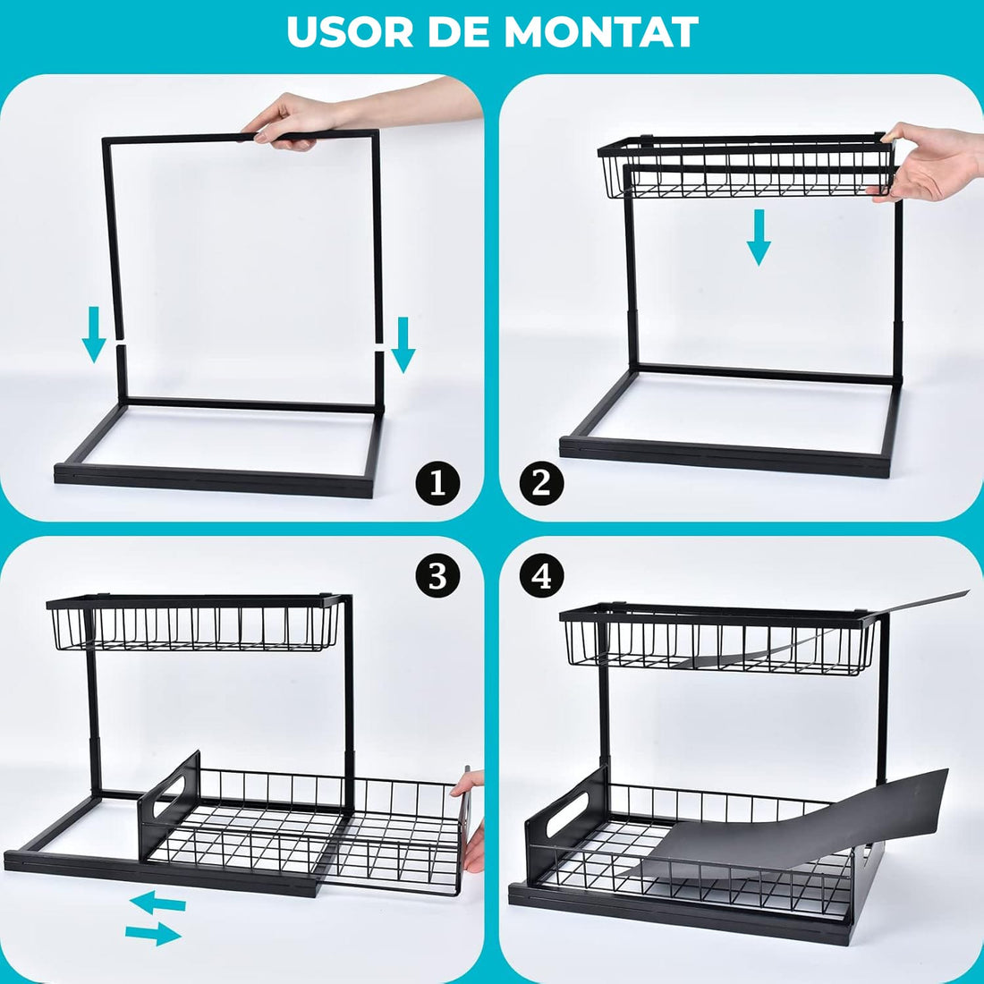 Organizator Sub Chiuvetă Elindor® cu Sertar Glisant și 2 Rafturi, Negru