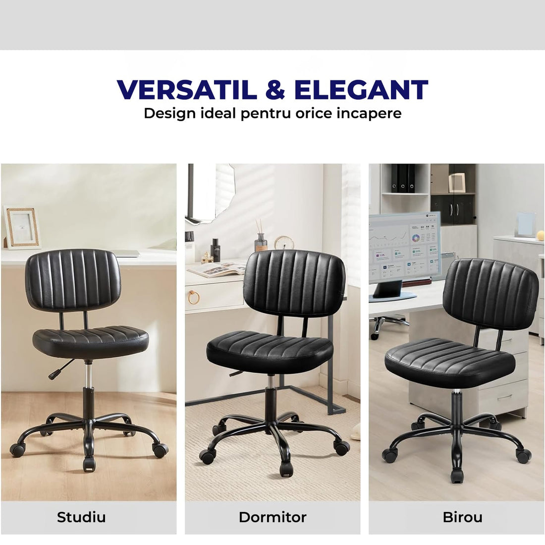 Scaun de Birou Elindor® Fără Brațe, Rotativ, Reglabil, Negru