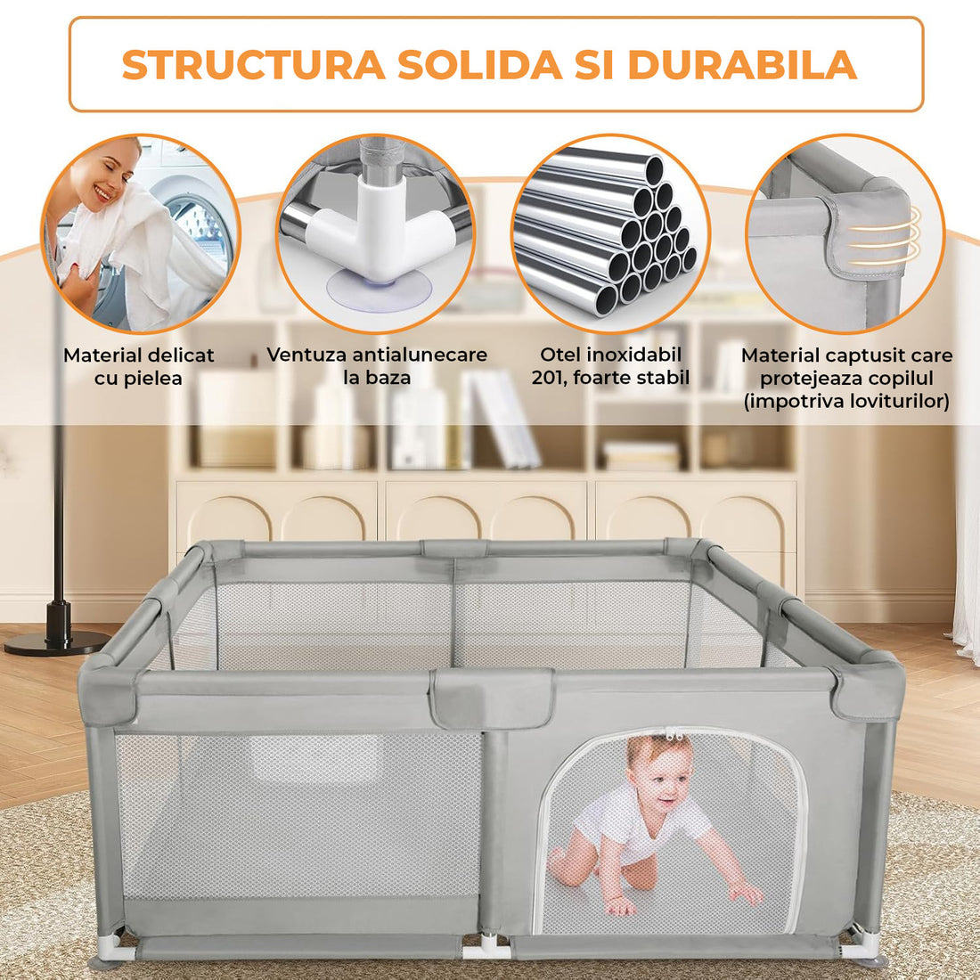Tarc de Joaca pentru Bebelusi si Copii Elindor® cu Husa Groasa din Spuma, Spatiul Sigur de Joaca, Plasa de Protectie, Include Usa cu Fermoar, Materiale Eco-Friendly și Non-Toxice, Varsta 0-5 ani, 127 x 127 cm, Gri
