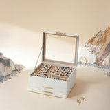 Cutie de Bijuterii Elindor® Organizator pe 3 Niveluri, Sertar x2, Spatiu de Depozitare pentru Inel, Verighete, Lantisoare, Bratari, Cercei, Caseta din Material Catifelat, Design Rafinat, Simplu si Elegant, Piele Ecologica si Catifea, 20 x 23 x 13.5 cm, Al