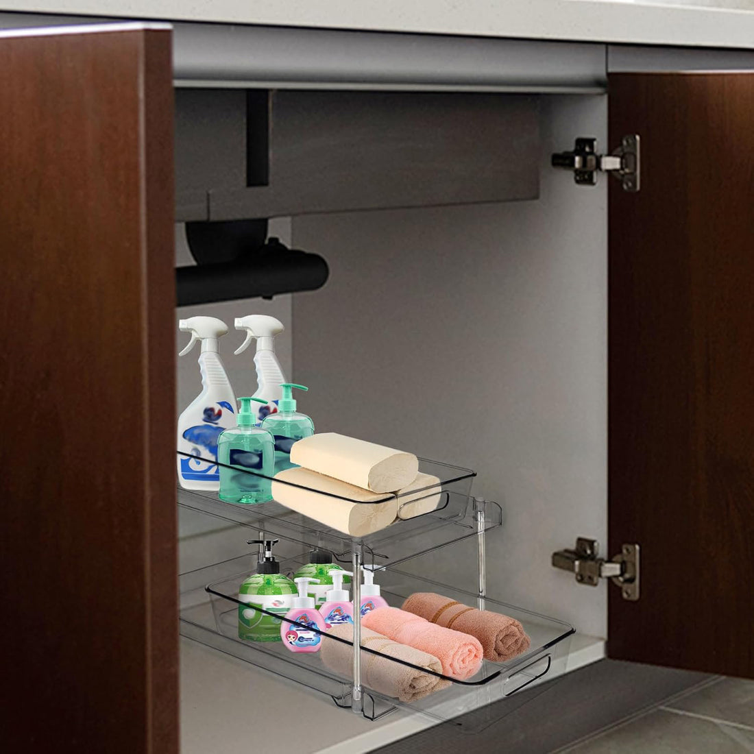 Organizator Transparente Elindor® cu 2 Nivele, Recipient de Depozitare Multifunctional si Glisant, Organizator pentru Dulapul de sub Chiuveta din Baie si Bucatarie, 30 × 19 × 25.5 cm, Acrilic