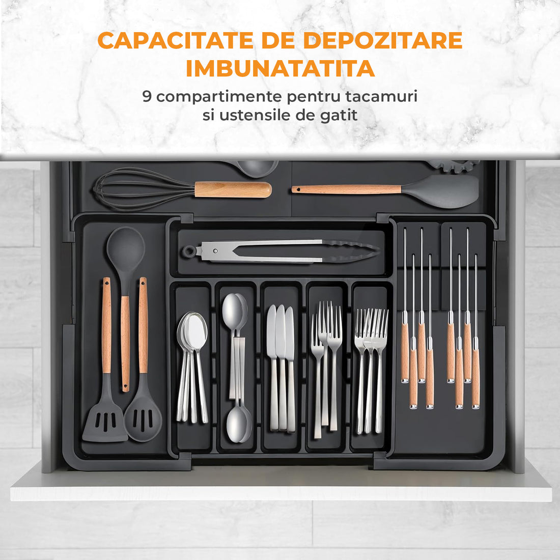 Organizator Extensibil Elindor® pentru Tacamuri si Ustensile de Bucatarie, 9 Compartimente, Sertar Extensibil 36.8-48.3 cm si 33.5 – 55.9 cm, Suport Ajustabil pentru Cutite, Linguri, Furculite, Negru