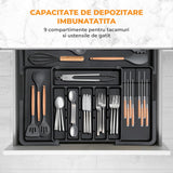 Organizator Extensibil Elindor® pentru Tacamuri si Ustensile de Bucatarie, 9 Compartimente, Sertar Extensibil 36.8-48.3 cm si 33.5 – 55.9 cm, Suport Ajustabil pentru Cutite, Linguri, Furculite, Negru