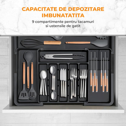 Organizator Extensibil Elindor® pentru Tacamuri si Ustensile de Bucatarie, 9 Compartimente, Sertar Extensibil 36.8-48.3 cm si 33.5 – 55.9 cm, Suport Ajustabil pentru Cutite, Linguri, Furculite, Negru