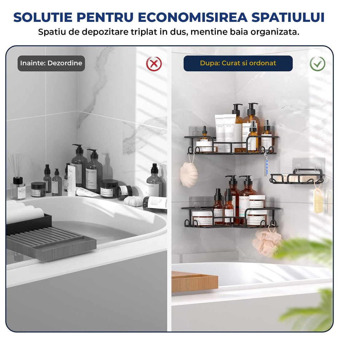 Set 3 Rafturi Elindor® Organizator pentru Dus, Sustine 18 kg, Potrivit in Baie, Bucatarie, Negru