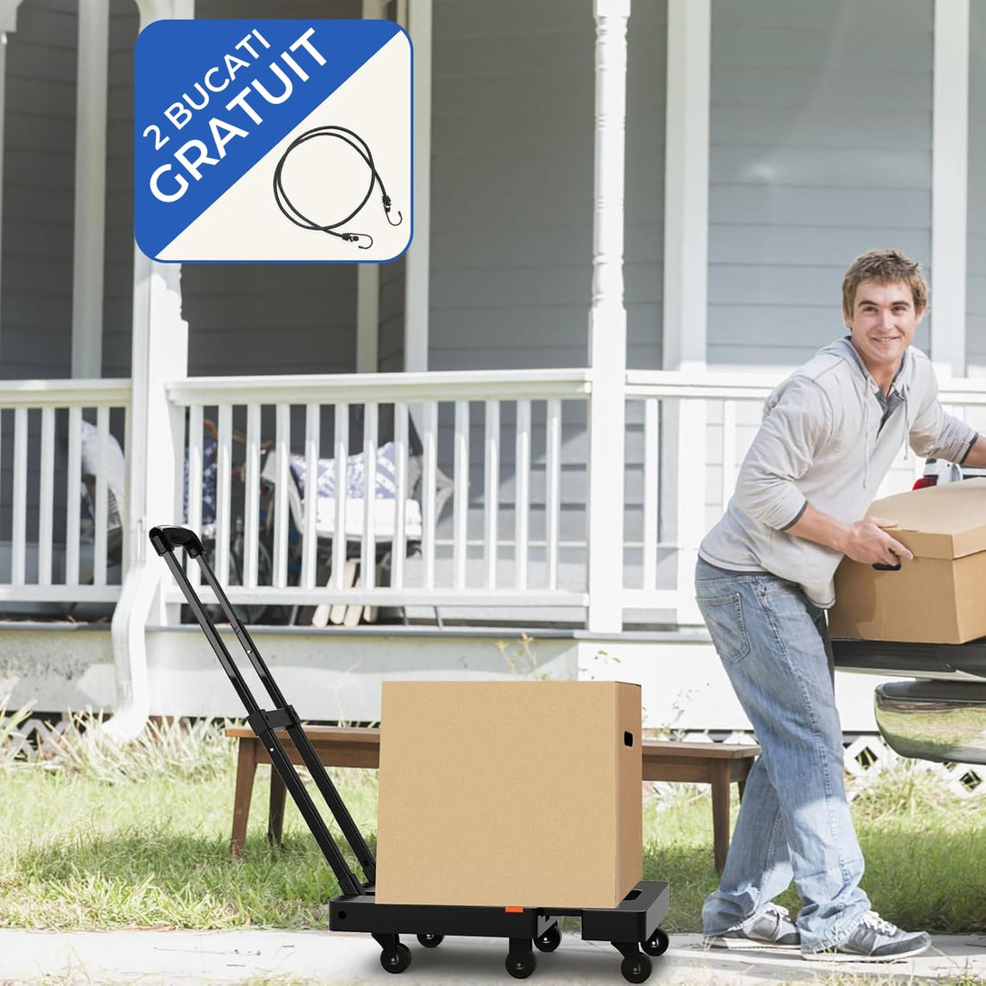 Căruț Pliabil Elindor® 227 KG, cu 6 Roți, 2 Corzi Elastice, Negru