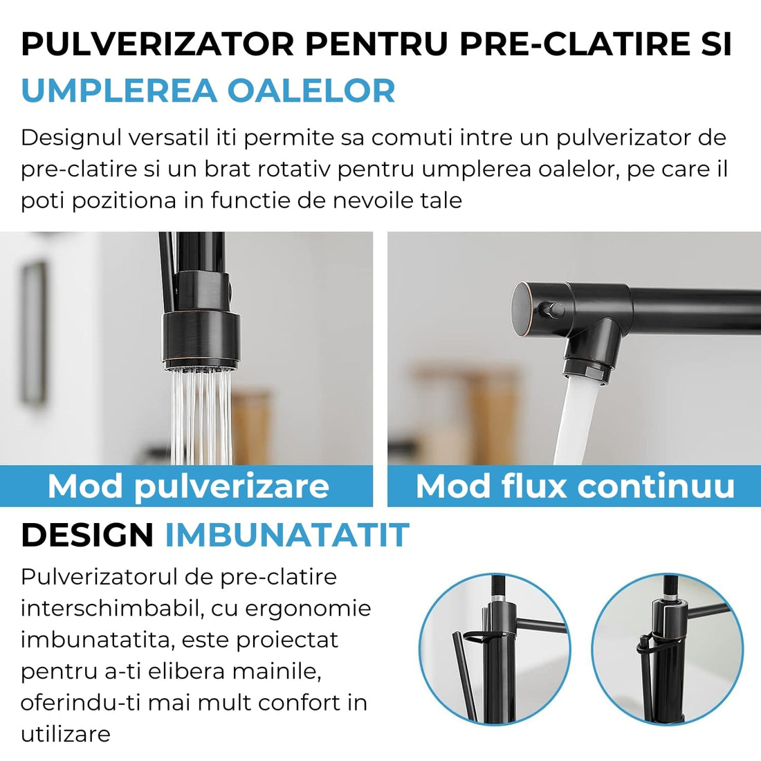 Baterie Chiuveta, Tip Cascada Elindor®, Robinet de Apa Modern, Monocomanda pentru Baie si Bucatarie, Otel Inoxidabil, Montare pe Chiuveta, Jet Larg, Multifunctionala Design Elegant pentru Lavoar sau Vas, Finisaj Mat Neagra