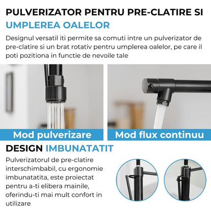 Baterie Chiuveta, Tip Cascada Elindor®, Robinet de Apa Modern, Monocomanda pentru Baie si Bucatarie, Otel Inoxidabil, Montare pe Chiuveta, Jet Larg, Multifunctionala Design Elegant pentru Lavoar sau Vas, Finisaj Mat Neagra