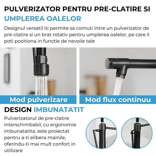 Baterie Chiuveta, Tip Cascada Elindor®, Robinet de Apa Modern, Monocomanda pentru Baie si Bucatarie, Otel Inoxidabil, Montare pe Chiuveta, Jet Larg, Multifunctionala Design Elegant pentru Lavoar sau Vas, Finisaj Mat Neagra