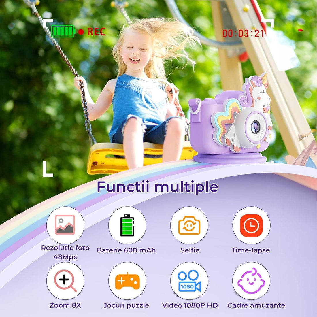 Cameră Foto Digitală pentru Copii Elindor® - Unicorn, 48MP, 1080P HD, Cadou Perfect pentru 3-12 Ani