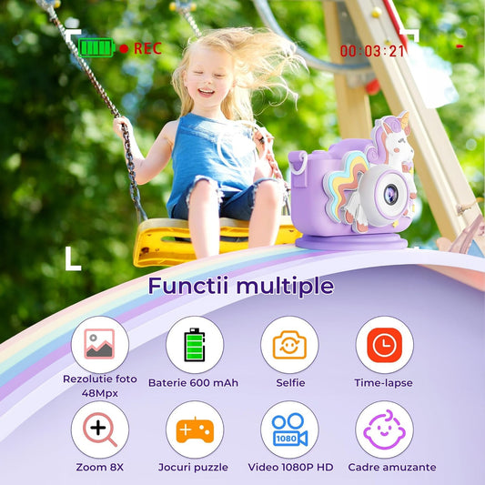Cameră Foto Digitală pentru Copii Elindor® - Unicorn, 48MP, 1080P HD, Cadou Perfect pentru 3-12 Ani