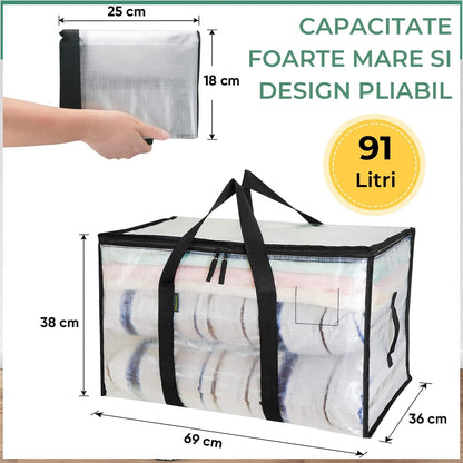 Set 6 Genți Depozitare Elindor® Supradimensionate, cu Mânere Întărite, Transparente