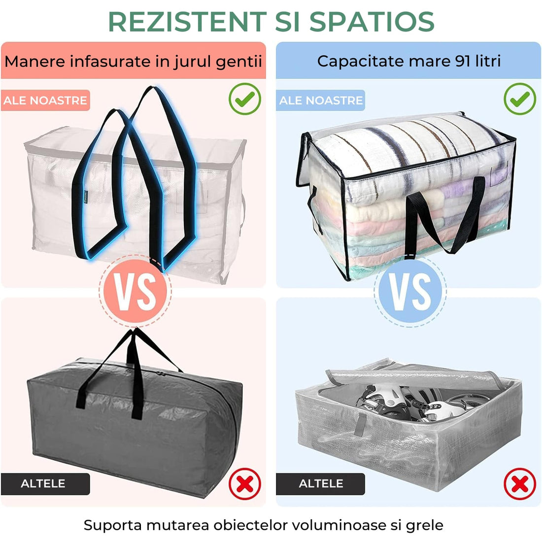 Set 6 Genți Depozitare Elindor® Supradimensionate, cu Mânere Întărite, Negru