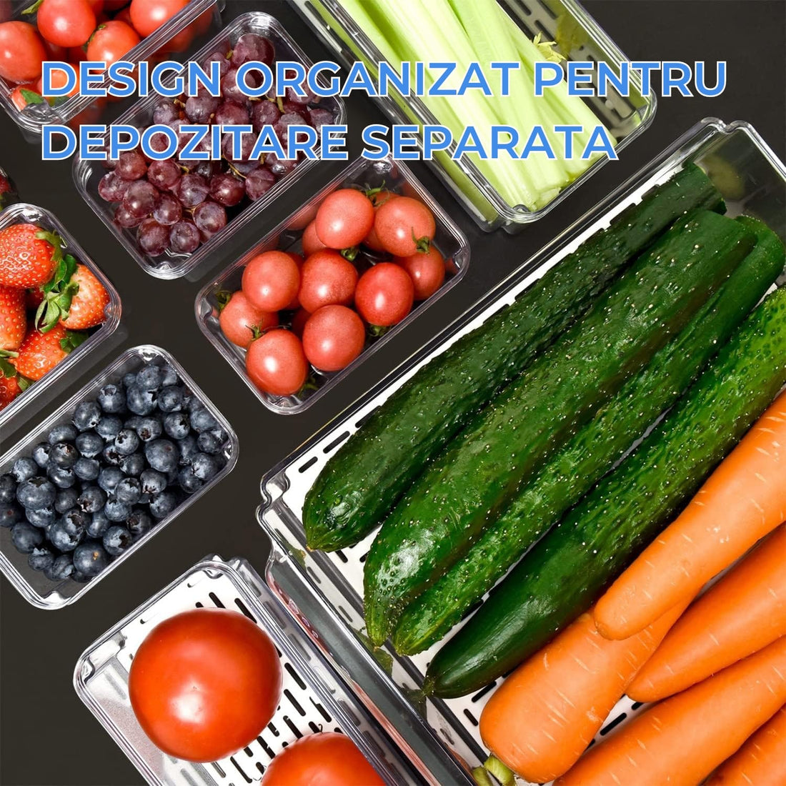 Set 10 Organizatoare Elindor® pentru Frigider cu Capace, Suprapozabile, Cutii Organizare, BPA-Free, pentru Fructe si Legume