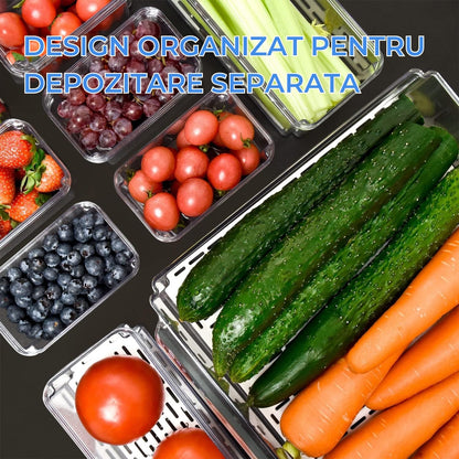Set 10 Organizatoare Elindor® pentru Frigider cu Capace, Suprapozabile, Cutii Organizare, BPA-Free, pentru Fructe si Legume