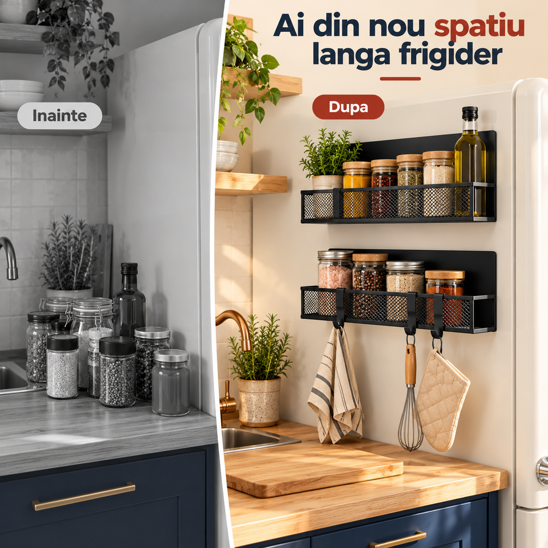 Set 2 Rafturi Magnetice Elindor®, Organizatoare pentru Frigider, Suporturi de Depozitare din Otel Carbon, Fixare Magnetica Fara Gaurire, Baza cu Plasa Metalica, 4 Carlige pentru Accesorii, Negru