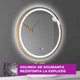 Oglinda de Perete Elindor® Rotunda, Antiaburire, cu Rama Aurie, Ideala pentru Baie, Iluminare Led, 3 Culori Lumina, Dimabila, Buton ON/OFF Luminat si Noaptea, Rezistenta la Umiditate IP44, 60 x 60 cm