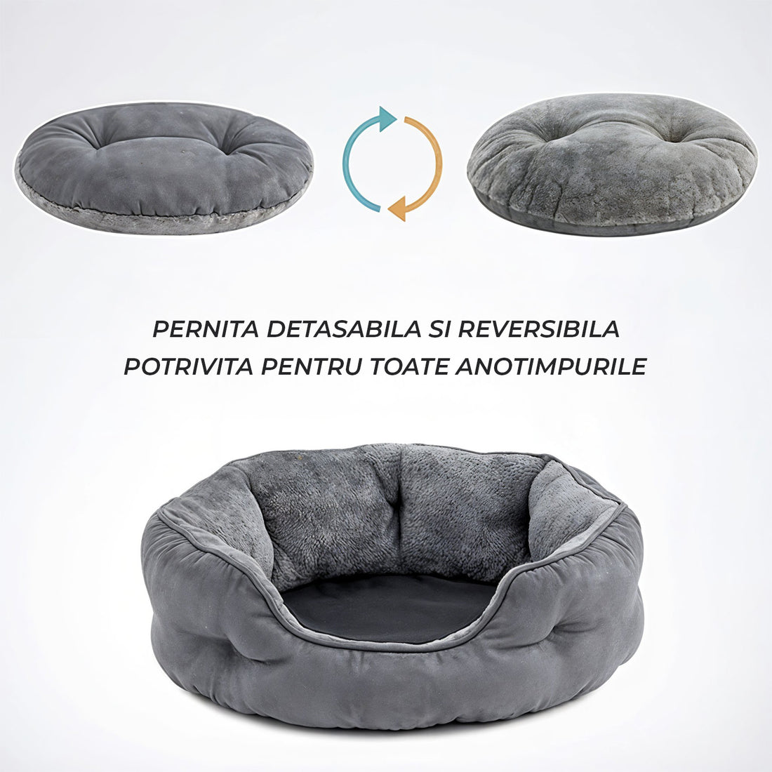 Pat Confortabil pentru Caini si Pisici Elindor® Rotund, Culcus Moale Antiderapant, Potrivit pentru Caine si Pisica de Talie Mica si Medie, Ideal in Orice Anotimp, in Casa, Marimea S, 50x50x16 cm, Gri