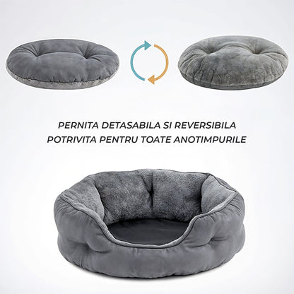 Pat Confortabil pentru Caini si Pisici Elindor® Rotund, Culcus Moale Antiderapant, Potrivit pentru Caine si Pisica de Talie Mica si Medie, Ideal in Orice Anotimp, in Casa, Marimea S, 50x50x16 cm, Gri
