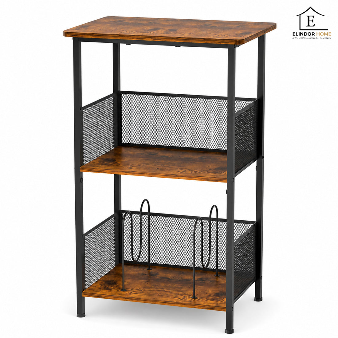 Raft Elindor® pe 3 Niveluri, pentru Depozitare Viniluri, Organizare Birou, Bar, Dulap Cadru Metalic, Organizator ca Etajera in Camara sau Birou, Perfect pentru Carti, Proiector, Pick-up, Stabil si Compact, Polita pentru Obiecte, 48 x 35 x 73 cm, Maro