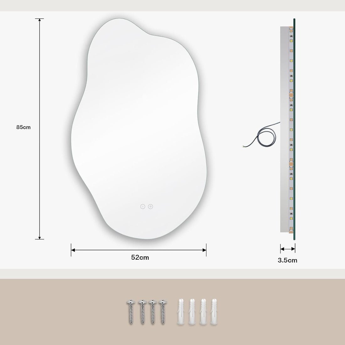 Oglinda de Perete Elindor® Asimetrica, fara Rama, Decorativa, Verticala / Orizontala, Eleganta, Ideala pentru Baie, Birou, Hol, Living, Dressing, Iluminare Led, Intensitate Ajustabila, Antiaburire, Tempera de Culoare 4500K, 85 x 52 cm