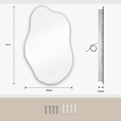 Oglinda de Perete Elindor® Asimetrica, fara Rama, Decorativa, Verticala / Orizontala, Eleganta, Ideala pentru Baie, Birou, Hol, Living, Dressing, Iluminare Led, Intensitate Ajustabila, Antiaburire, Tempera de Culoare 4500K, 85 x 52 cm