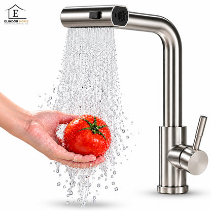 Baterie Chiuveta Baie Aurie Elindor® Robinet de Apa, Modern cu Pipa Extractibila, 4 Tipuri de Jet: Cascada, Delicat, Jet Puternic si Dus, Monocomanda, Rotativ 360°, pentru Bucatarie, Otel Inoxidabil SUS304, Finisaj Mat