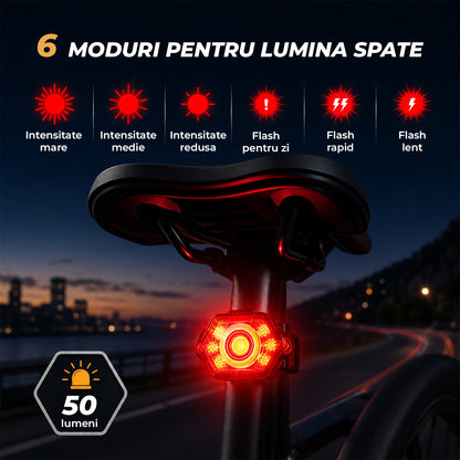 Set Lumini pentru Bicicleta Elindor®, Far Fata si Stop Spate LED, 10 Moduri de Iluminare, Incarcare USB-C, Impermeabil IP65, Rotire 360°, Faruri cu Acumulator Reincarcabil, Accesorii Bicicleta, 350 Lumeni, Negru