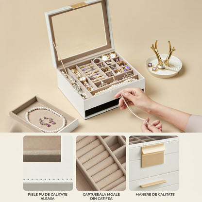 Cutie de Bijuterii Elindor® cu Capac, Organizator 2 Niveluri, 1x Sertar, Spatiu de Depozitare Inel, Verighete, Lantisoare, Bratari, Cercei, Caseta din Material Catifelat, Design Rafinat, Simplu si Elegant, Piele Ecologica, 22.3 x 23.1 x 10.4 cm, Alb/Auriu