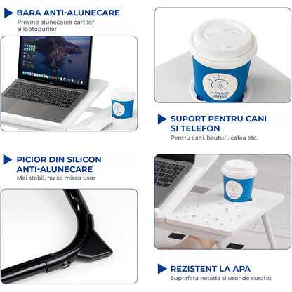 Masa Pliabila pentru Laptop Elindor® Suport Inaltime Reglabila 5 Trepte, Unghi Ajustabil, Antiderapanta, Usor de Depozitat, Birou Portabil cu Suport pentru Pahar si Mouse, Utilizare in Orice Loc, Ideala la Munca sau Mic Dejun la Pat, Alb