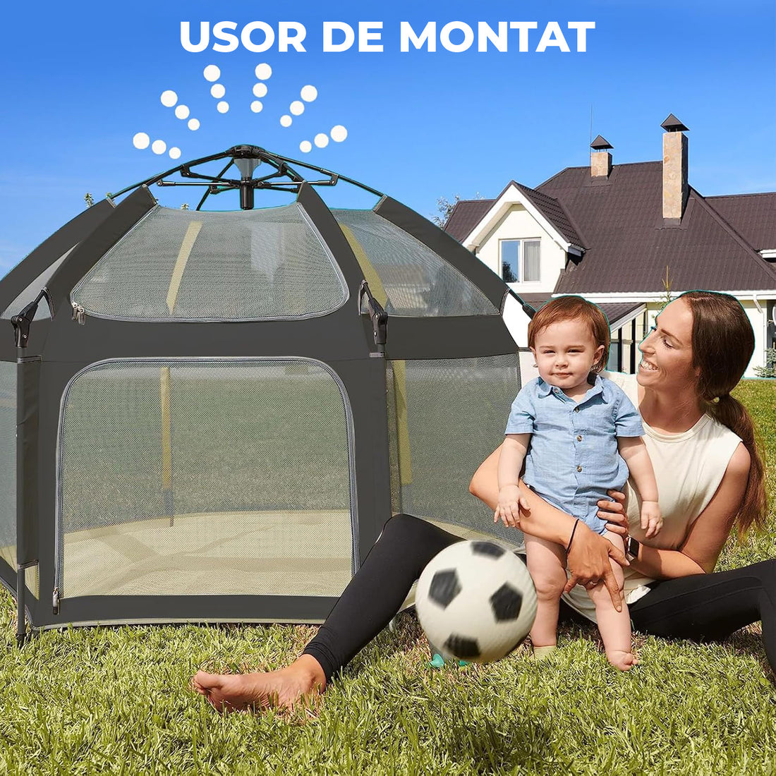 Tarc de Joaca pentru Bebelusi si Copii Elindor® Tip Cort, Spatiul Sigur de Joaca, Plasa de Protectie UV, Include Usa cu Fermoar, Materiale Eco-Friendly și Non-Toxice, Varsta 1-3 ani, 150 x 122 cm, Gri