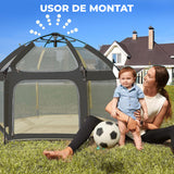 Tarc de Joaca pentru Bebelusi si Copii Elindor® Tip Cort, Spatiul Sigur de Joaca, Plasa de Protectie UV, Include Usa cu Fermoar, Materiale Eco-Friendly și Non-Toxice, Varsta 1-3 ani, 150 x 122 cm, Gri