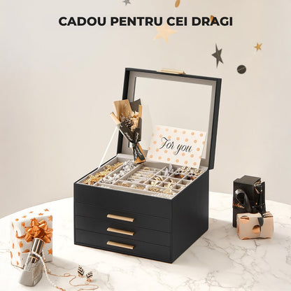 Cutie de Bijuterii Elindor® cu Capac, Organizator 4 Niveluri, 3x Sertar, Spatiu de Depozitare Inel, Verighete, Lantisoare, Bratari, Cercei, Caseta din Material Catifelat, Design Rafinat, Simplu si Elegant, Piele Ecologica Neagra, 23×20x16