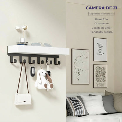 Suport pentru Chei din Lemn Elindor® pentru Perete, cu 6 Carlige, Maontare cu Adeziv sau Suruburi, Compact si Durabil, pentru Hol, Sufragerie, Bucatariei, Dormitor, 25 x 6 x 6 cm, Alb