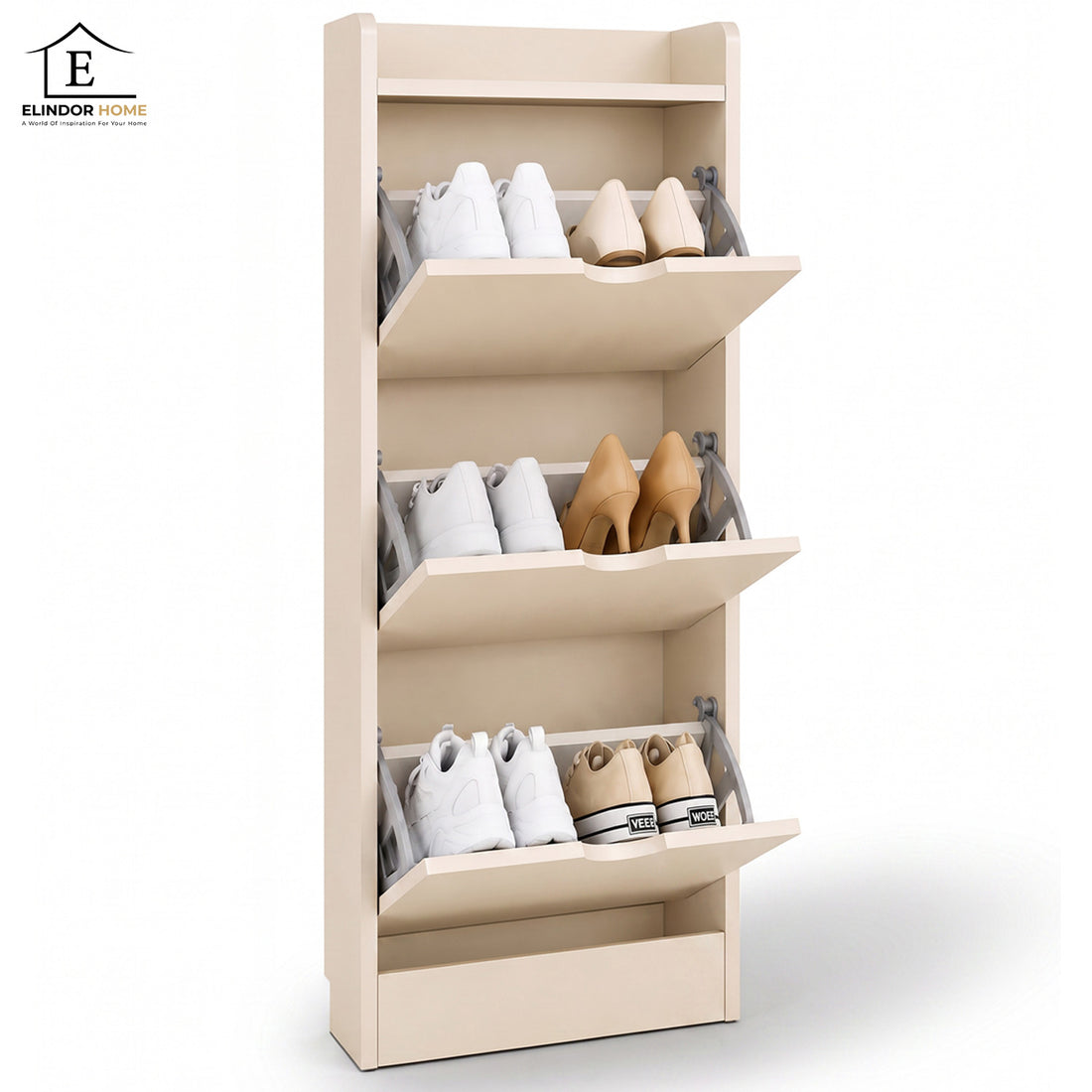 Organizator pentru Pantofi Elindor® Pantofar tip Dulap cu 3 Nivele Mari, Fara Gauri, Suport pentru Papuci, Dulap Hol, Living, Dormitor, Economisire Spatiu, Depozitare Incaltaminte, 50 x 17 x 120 cm, Bej