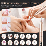 Freza Portabila Unghii Elindor® 35000 RPM, Pila Electrica Profesionala, Manichiura si Pedichiura, fara Fir, Afisaj LED, Ecran LCD, Accesorii Incluse, 5 Trepte de Viteza, 12 Capete de Frezare, Slefuire Cuticule, Acumulator 550 mAh, Auriu
