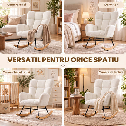 Fotoliu Balansoar Elindor® cu Spatar, Ergonomic, Cadru Solid din Otel, Ideal pentru Living, Dormitor, Camera Copilului, 68 x 88 x 93 cm, Alb