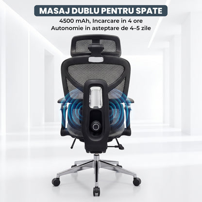 Scaun de Birou Elindor® Ergonomic, cu Functie de Masaj, Scaun cu Spatar si Manere, din Plasa, Suport pentru Picioare si Lombar, cu Roti, Inaltime Reglabila 115 - 125 cm, Negru