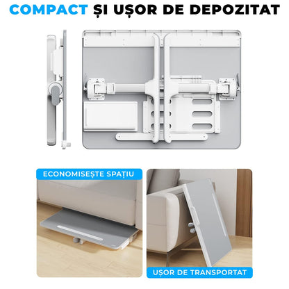 Masa Pliabila pentru Laptop Elindor®, Multifunctionala, Ajustabila din Piele PVC, Birou Portabil cu Sertar de Depozitare si Suport pentru Carte, Inaltime intre 27-38 cm, Gri