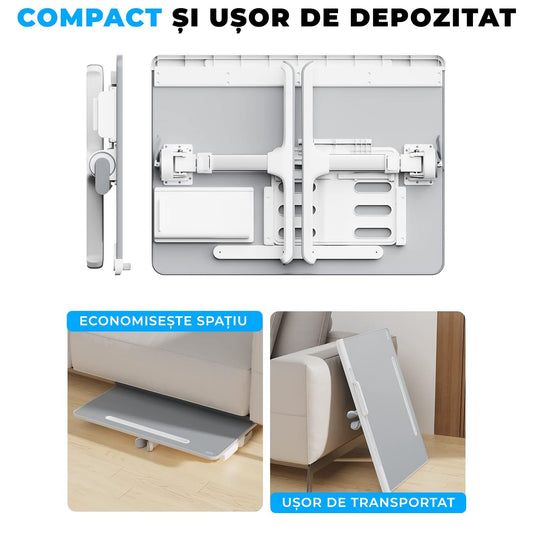 Masa Pliabila pentru Laptop Elindor®, Multifunctionala, Ajustabila din Piele PVC, Birou Portabil cu Sertar de Depozitare si Suport pentru Carte, Inaltime intre 27-38 cm, Gri