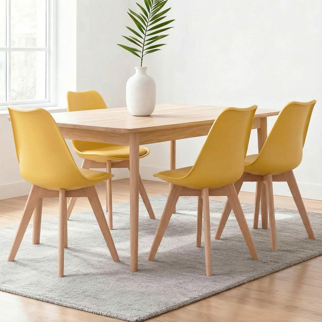 Set 4 Scaune Bucatarie Elindor® din Piele Ecologica, Picioare din Lemn, Scaun Confortabil, Perna Sezut, Elegant, pentru Bucatarie, Dormitor, Living, 50 x 45 x 81 cm, Galben