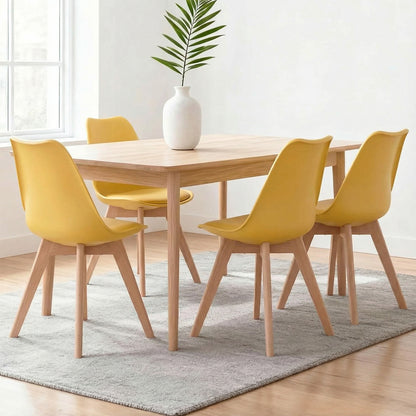 Set 4 Scaune Bucatarie Elindor® din Piele Ecologica, Picioare din Lemn, Scaun Confortabil, Perna Sezut, Elegant, pentru Bucatarie, Dormitor, Living, 50 x 45 x 81 cm, Galben